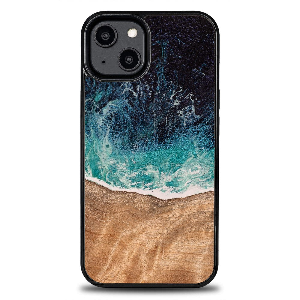 Holzhülle für iPhone 15, Bewood Unique Dream Island, Blau-Braun