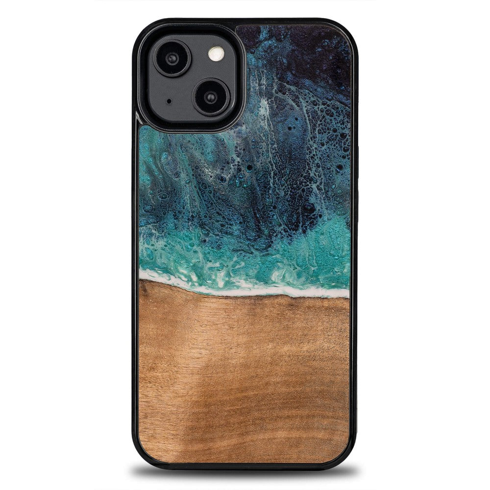 Holzhülle für iPhone 15, Bewood Unique Dream Island, Blau-Braun
