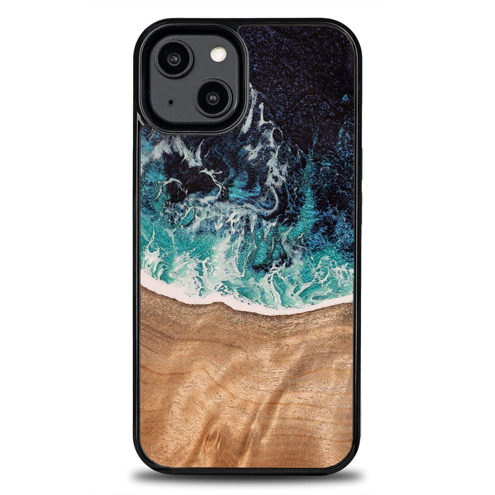 Holzhülle für iPhone 15, Bewood Unique Dream Island, Blau-Braun