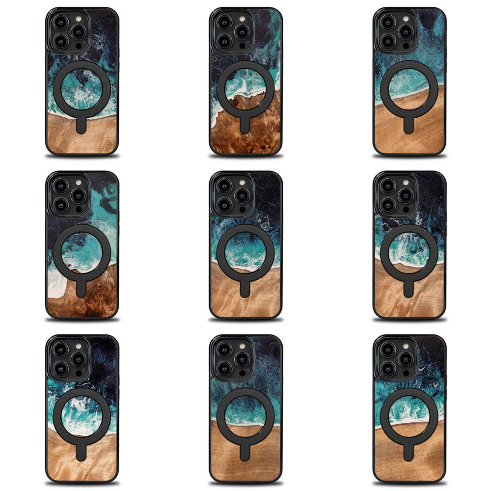 Holzhülle für iPhone 15 Pro, Bewood Unique Dream Island für MagSafe, Blau-Braun