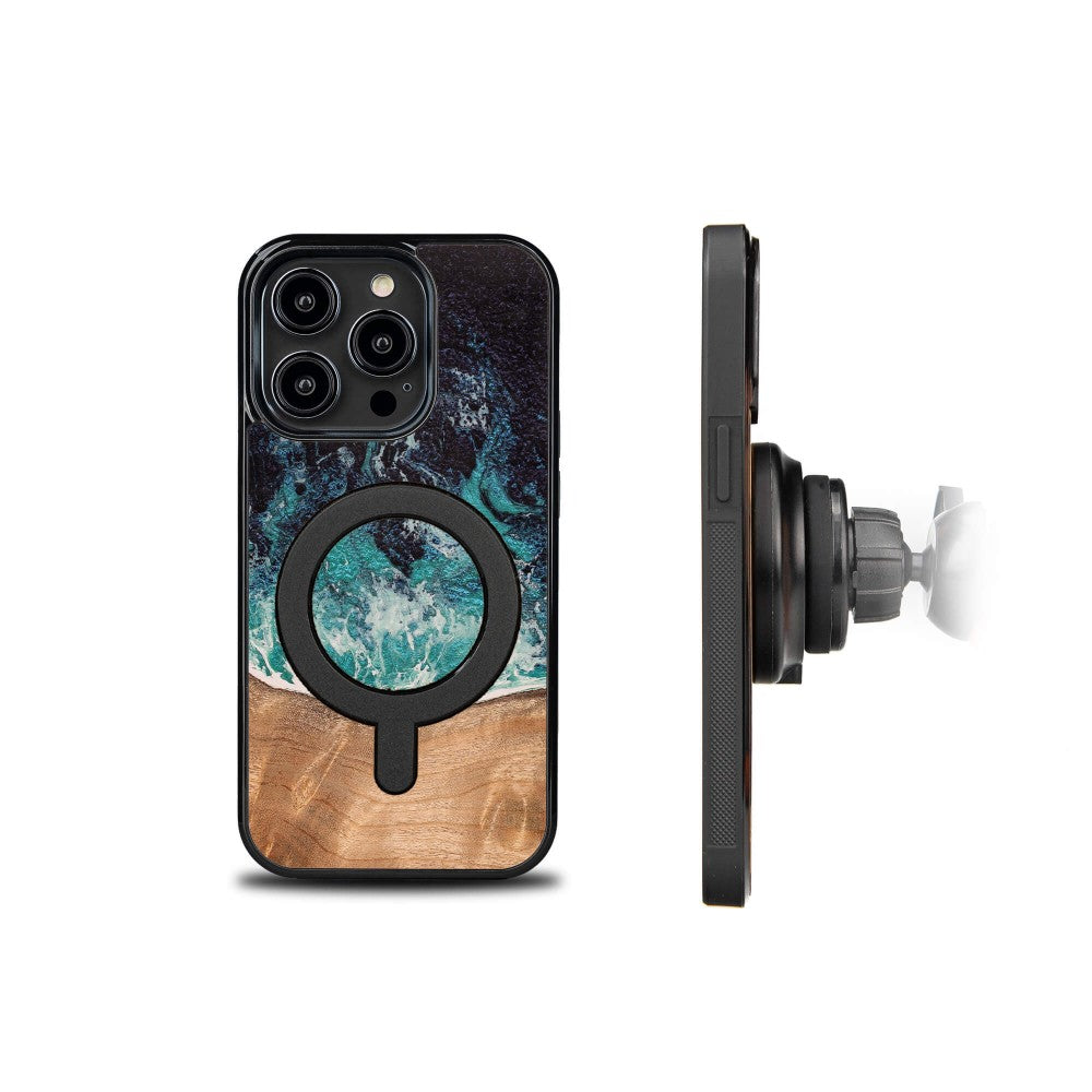 Holzhülle für iPhone 15 Pro, Bewood Unique Dream Island für MagSafe, Blau-Braun
