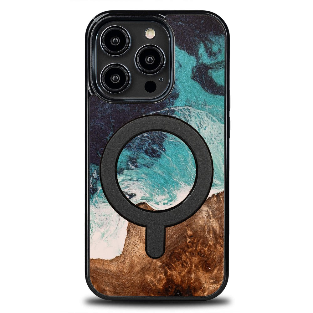 Holzhülle für iPhone 15 Pro, Bewood Unique Dream Island für MagSafe, Blau-Braun
