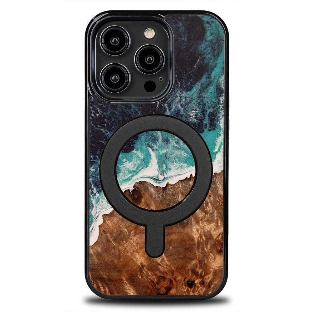 Holzhülle für iPhone 15 Pro, Bewood Unique Dream Island für MagSafe, Blau-Braun