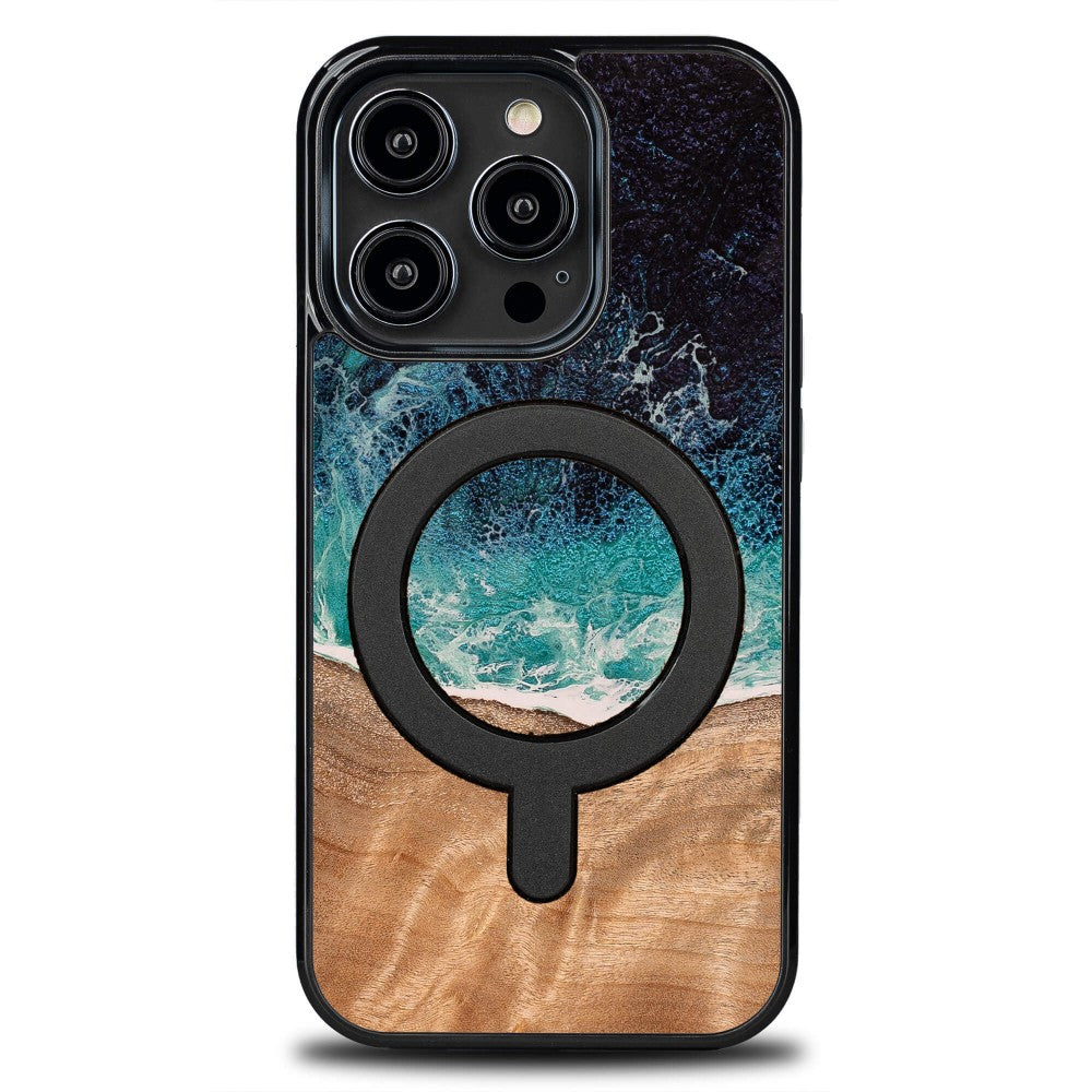 Holzhülle für iPhone 15 Pro, Bewood Unique Dream Island für MagSafe, Blau-Braun