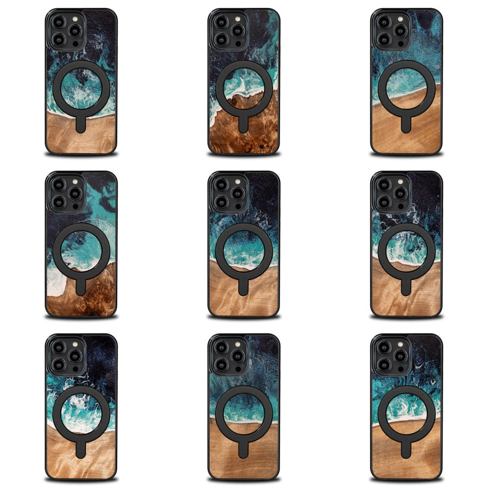 Holzhülle für iPhone 14 Pro Max, Bewood Unique Dream Island für MagSafe, Blau-Braun