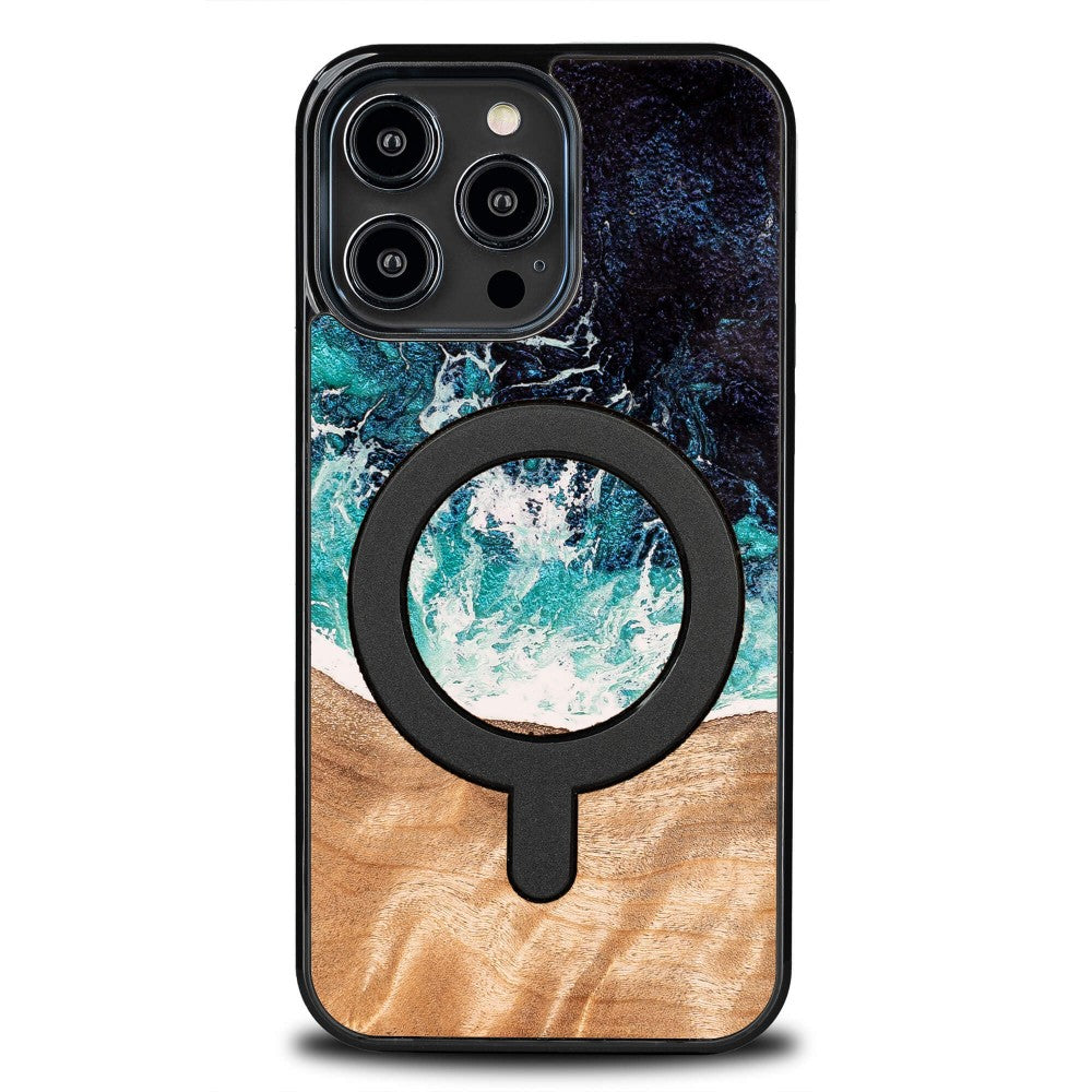 Holzhülle für iPhone 14 Pro Max, Bewood Unique Dream Island für MagSafe, Blau-Braun