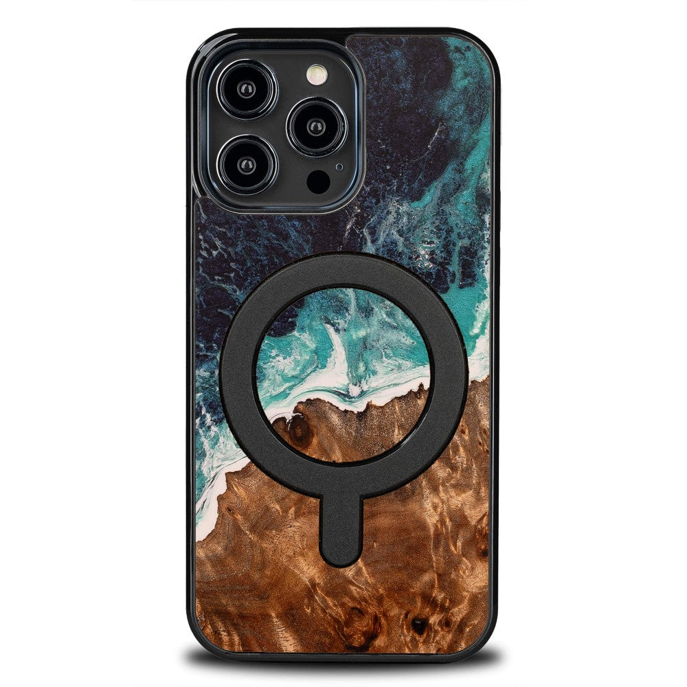 Holzhülle für iPhone 14 Pro Max, Bewood Unique Dream Island für MagSafe, Blau-Braun