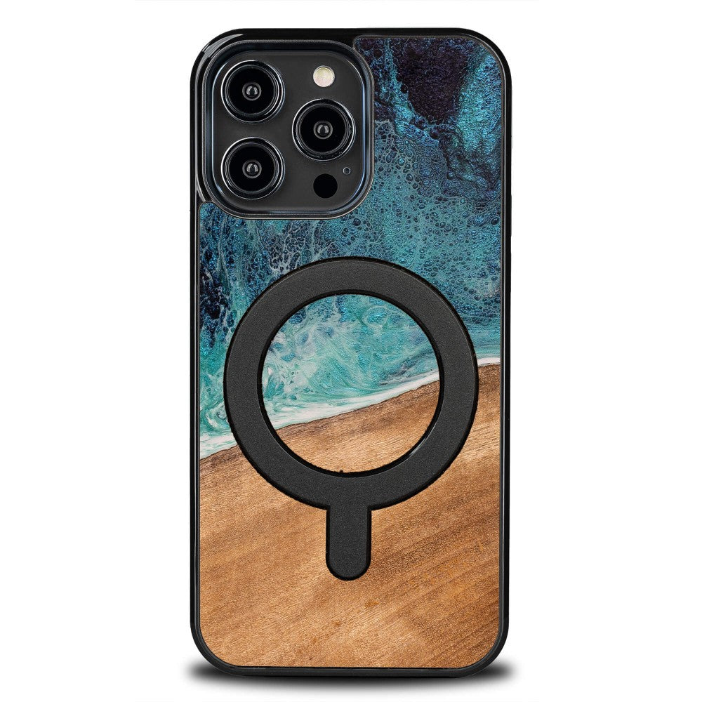 Holzhülle für iPhone 14 Pro Max, Bewood Unique Dream Island für MagSafe, Blau-Braun