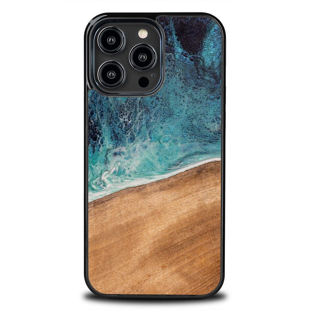 Holzhülle für iPhone 14 Pro Max, Bewood Unique Dream Island, Blau-Braun