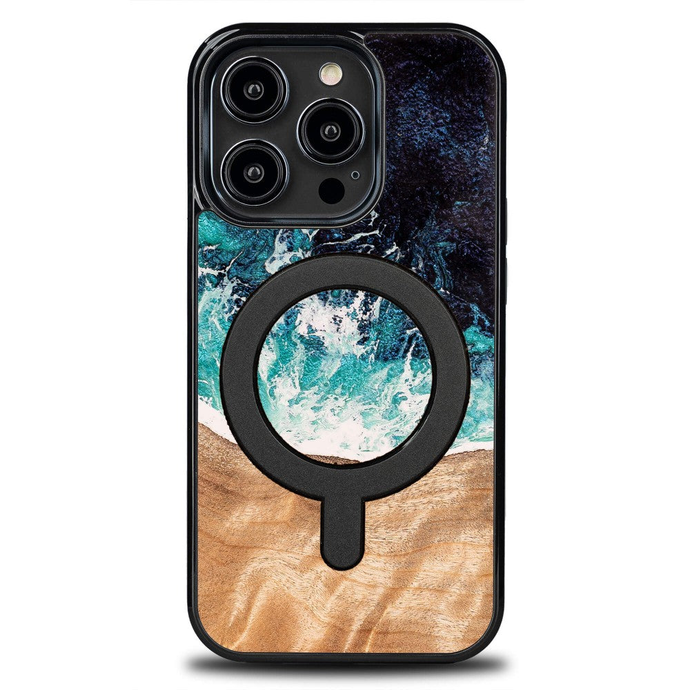 Holzhülle für iPhone 14 Pro, Bewood Unique Dream Island für MagSafe, Blau-Braun