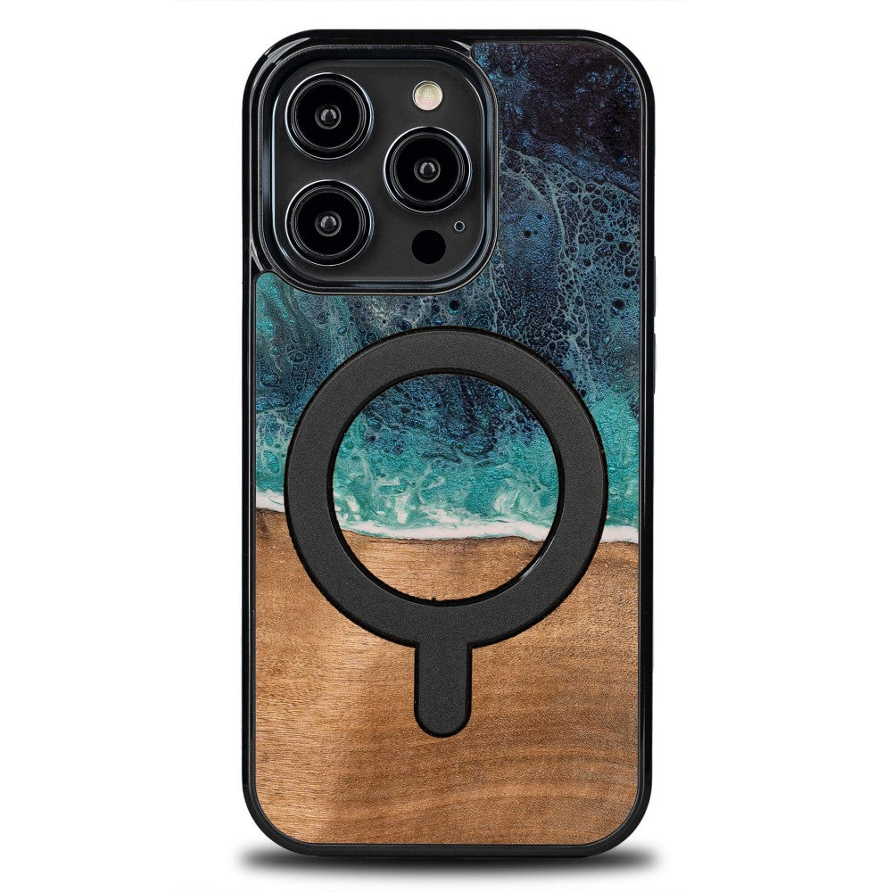 Holzhülle für iPhone 14 Pro, Bewood Unique Dream Island für MagSafe, Blau-Braun