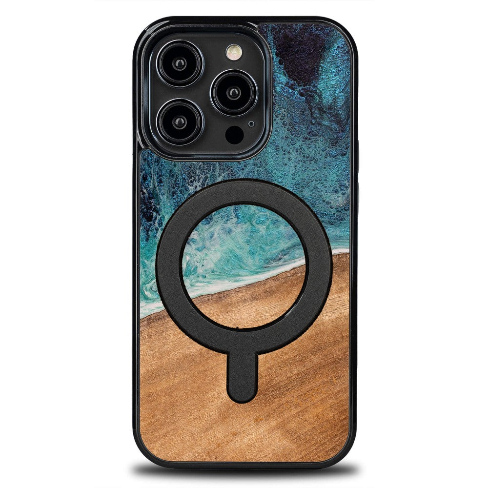 Holzhülle für iPhone 14 Pro, Bewood Unique Dream Island für MagSafe, Blau-Braun