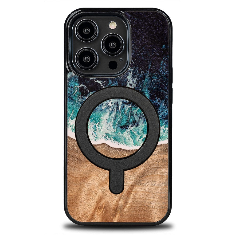 Holzhülle für iPhone 14 Pro, Bewood Unique Dream Island für MagSafe, Blau-Braun