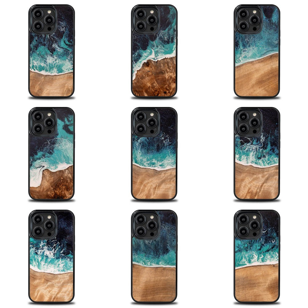 Holzhülle für iPhone 14 Pro, Bewood Unique Dream Island, Blau-Braun