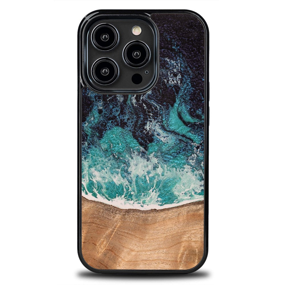 Holzhülle für iPhone 14 Pro, Bewood Unique Dream Island, Blau-Braun