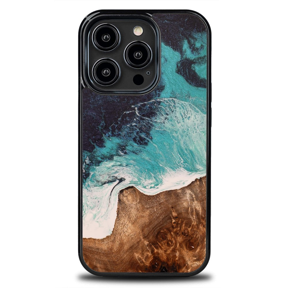 Holzhülle für iPhone 14 Pro, Bewood Unique Dream Island, Blau-Braun