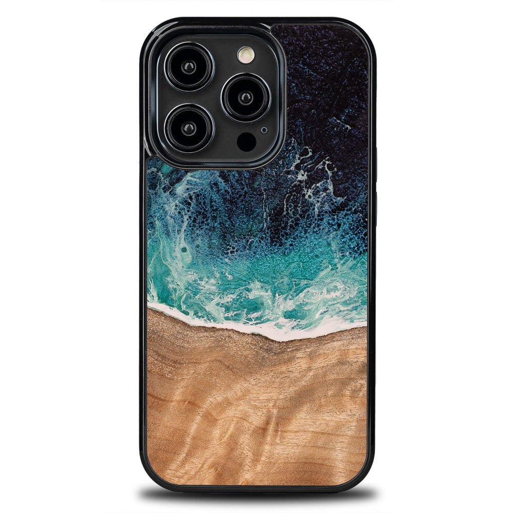 Holzhülle für iPhone 14 Pro, Bewood Unique Dream Island, Blau-Braun
