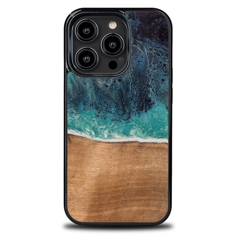 Holzhülle für iPhone 14 Pro, Bewood Unique Dream Island, Blau-Braun