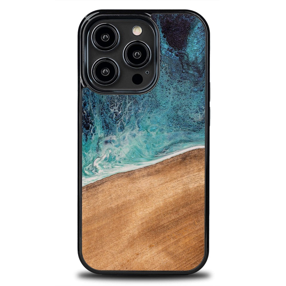 Holzhülle für iPhone 14 Pro, Bewood Unique Dream Island, Blau-Braun