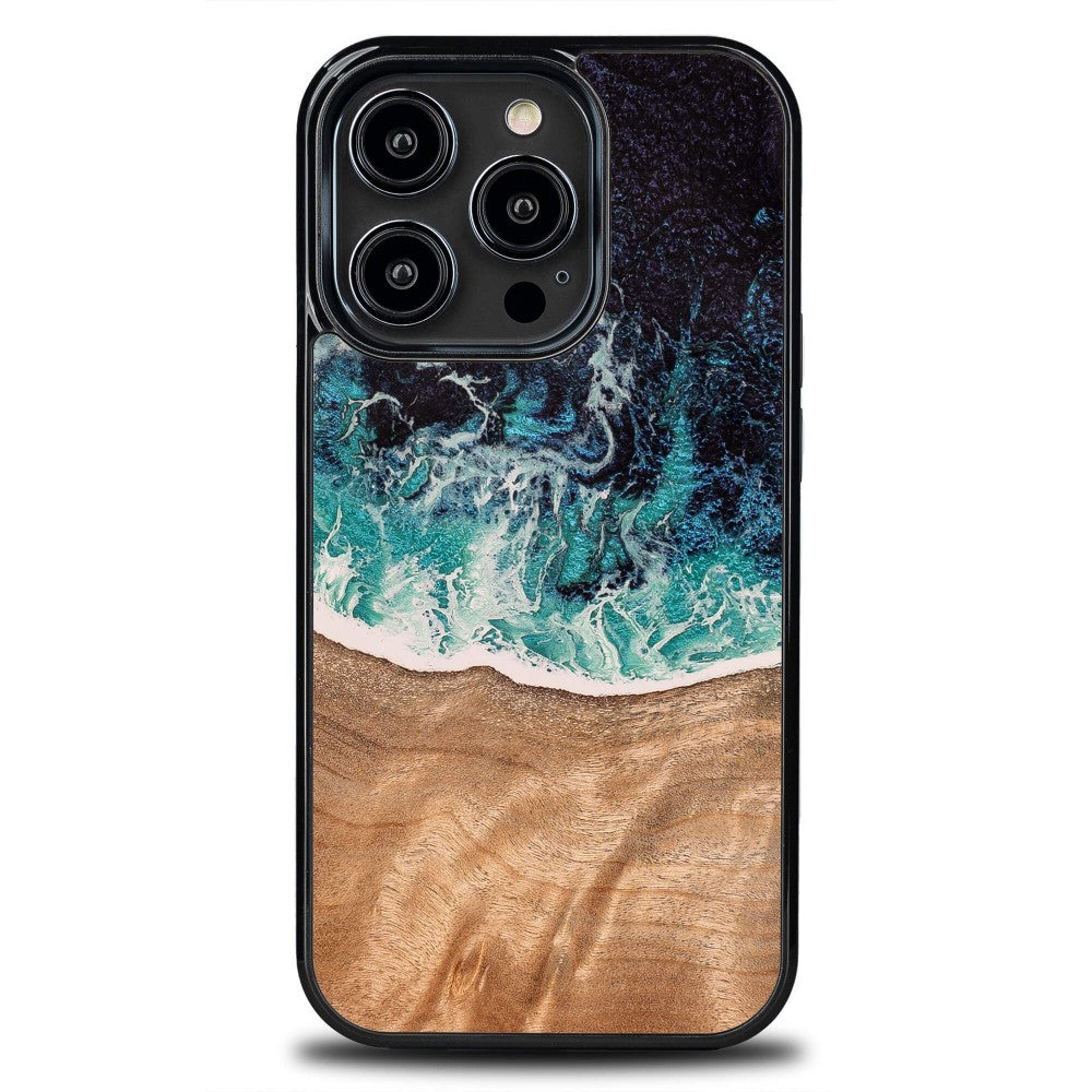 Holzhülle für iPhone 14 Pro, Bewood Unique Dream Island, Blau-Braun