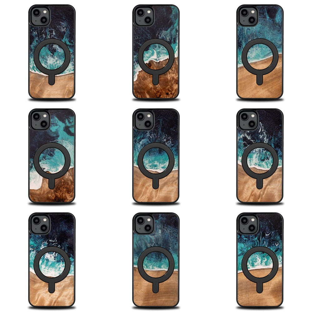 Holzhülle für iPhone 14 Plus, Bewood Unique Dream Island für MagSafe, Blau-Braun