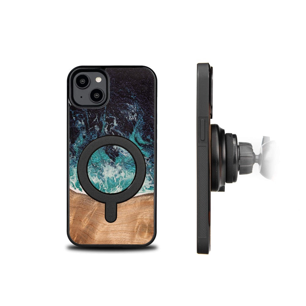 Holzhülle für iPhone 14 Plus, Bewood Unique Dream Island für MagSafe, Blau-Braun