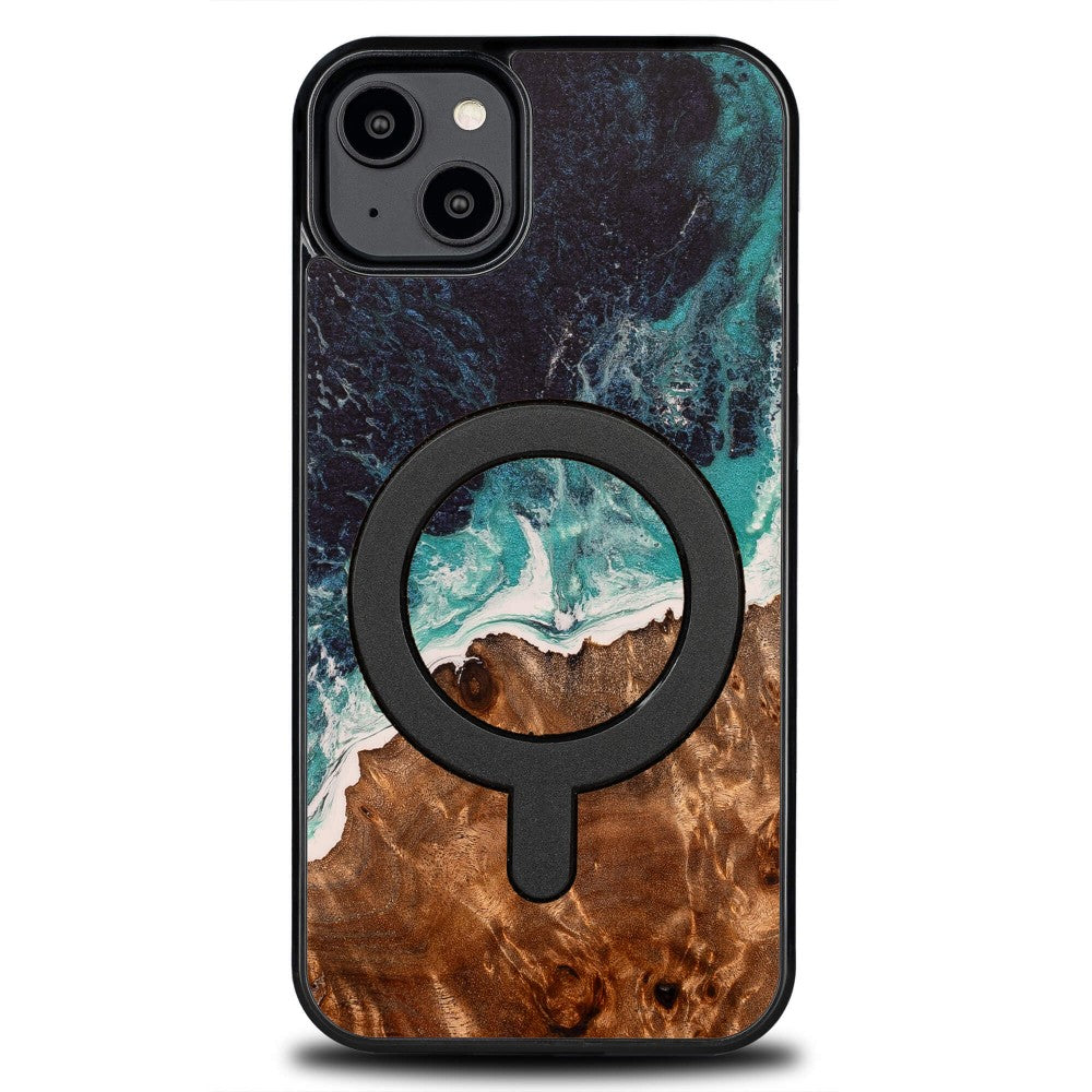 Holzhülle für iPhone 14 Plus, Bewood Unique Dream Island für MagSafe, Blau-Braun