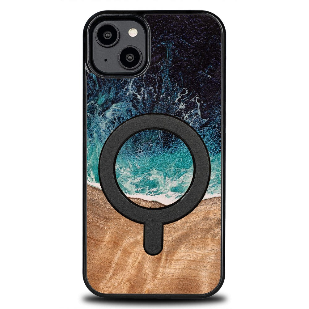 Holzhülle für iPhone 14 Plus, Bewood Unique Dream Island für MagSafe, Blau-Braun