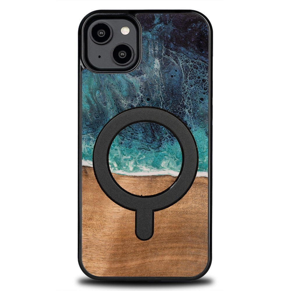Holzhülle für iPhone 14 Plus, Bewood Unique Dream Island für MagSafe, Blau-Braun