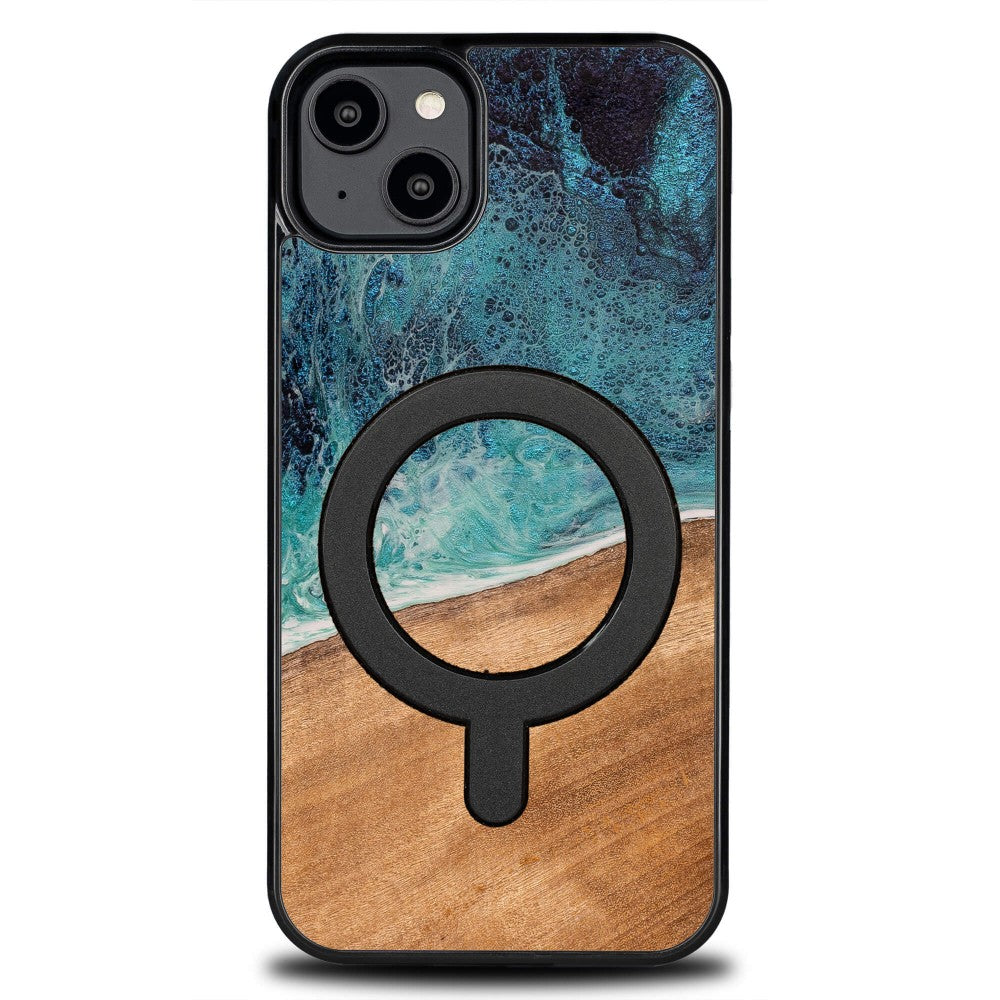 Holzhülle für iPhone 14 Plus, Bewood Unique Dream Island für MagSafe, Blau-Braun
