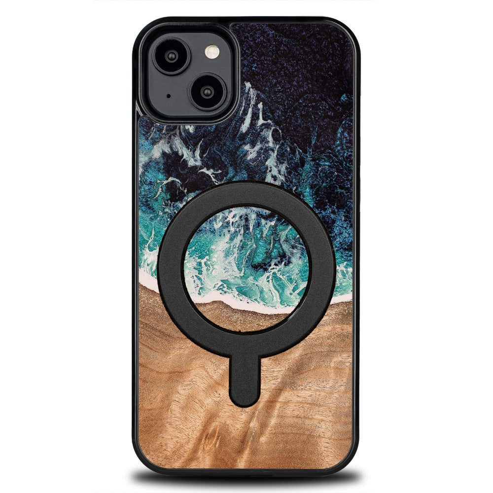 Holzhülle für iPhone 14 Plus, Bewood Unique Dream Island für MagSafe, Blau-Braun