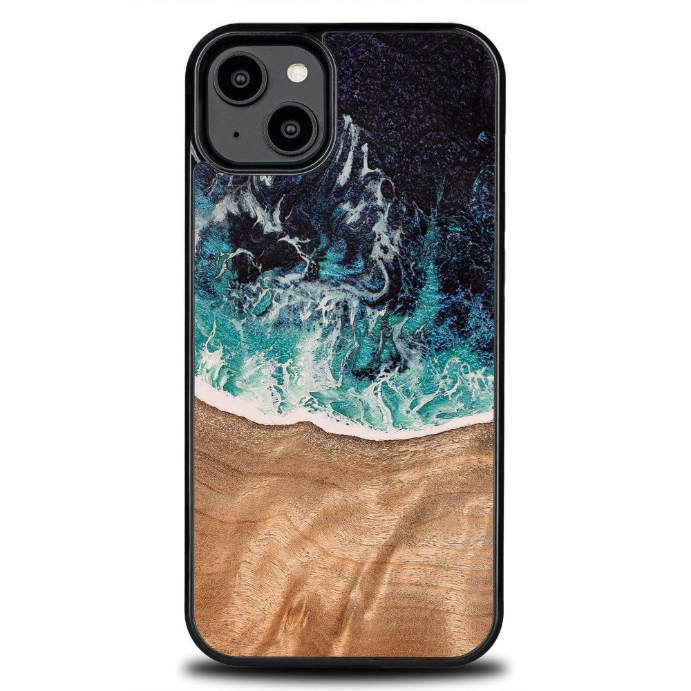 Holzhülle für iPhone 14 Plus, Bewood Unique Dream Island, Blau-Braun