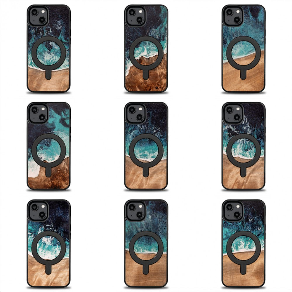 Holzhülle für iPhone 14, Bewood Unique Dream Island für MagSafe, Blau-Braun