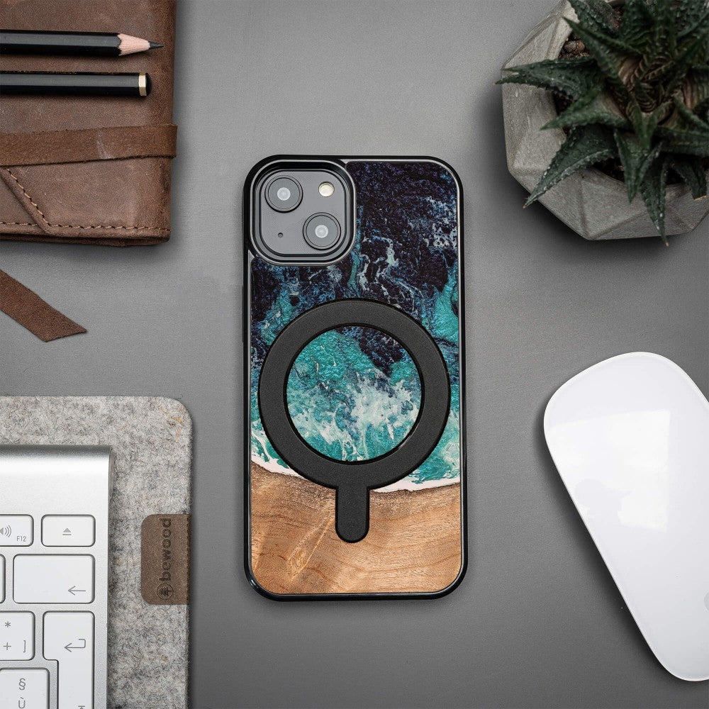 Holzhülle für iPhone 14, Bewood Unique Dream Island für MagSafe, Blau-Braun