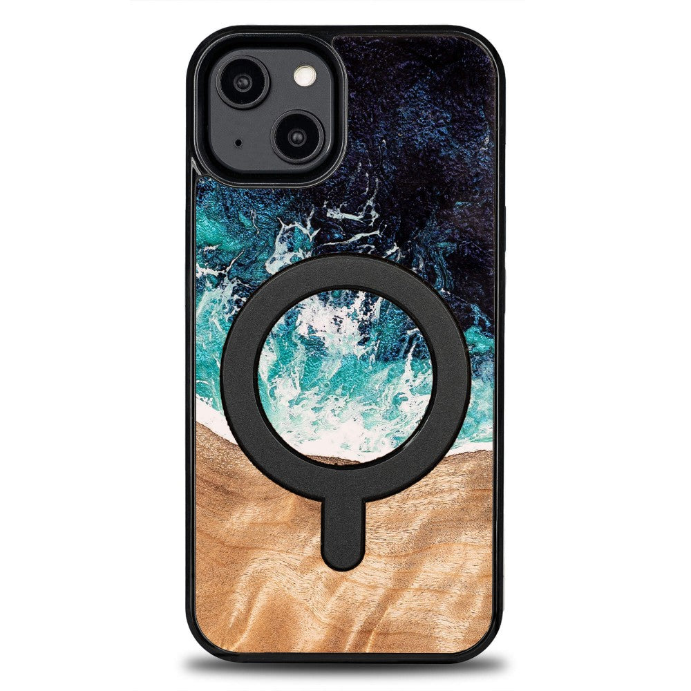 Holzhülle für iPhone 14, Bewood Unique Dream Island für MagSafe, Blau-Braun