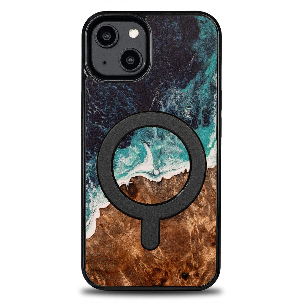 Holzhülle für iPhone 14, Bewood Unique Dream Island für MagSafe, Blau-Braun