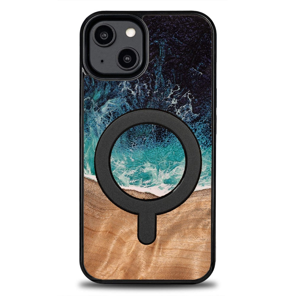 Holzhülle für iPhone 14, Bewood Unique Dream Island für MagSafe, Blau-Braun
