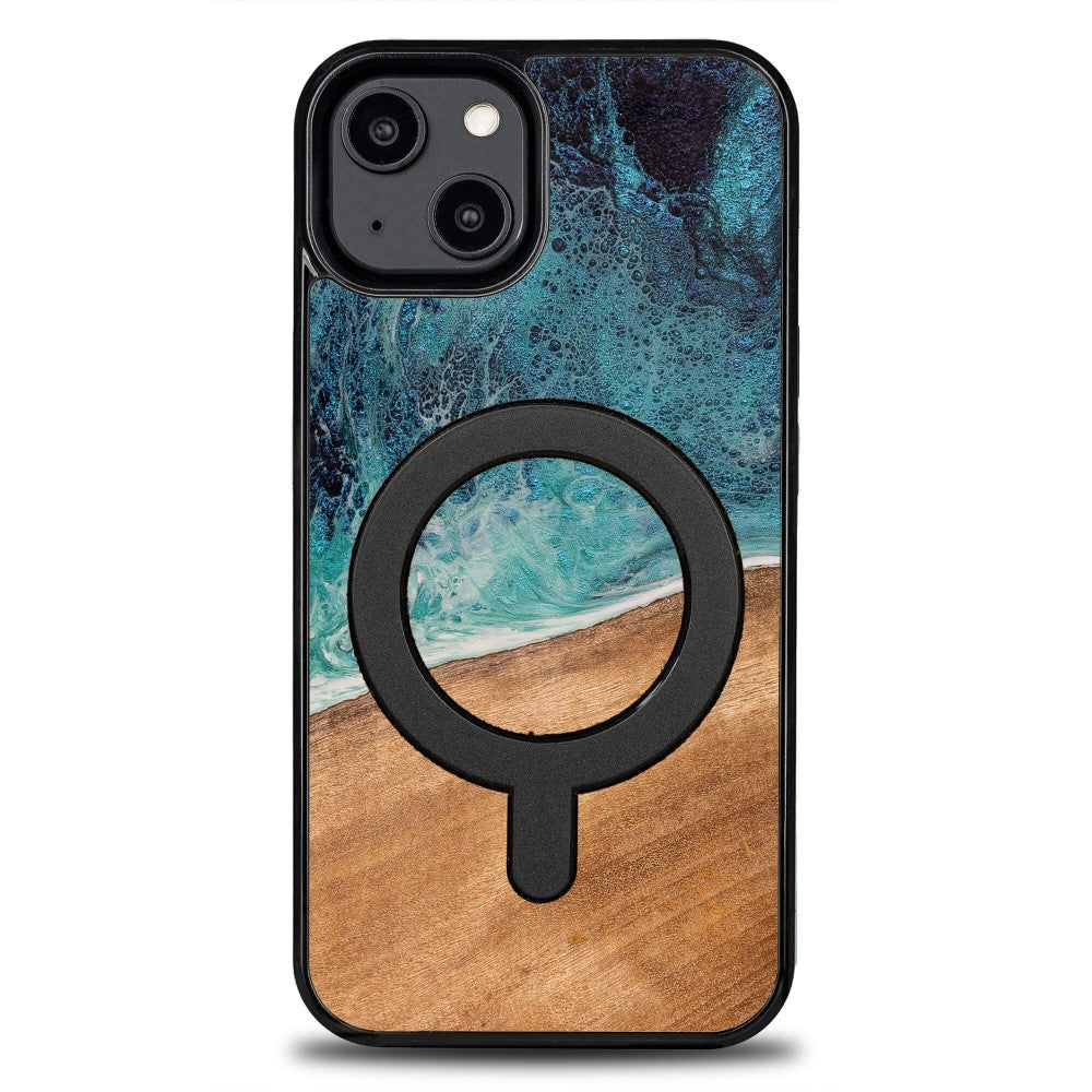 Holzhülle für iPhone 14, Bewood Unique Dream Island für MagSafe, Blau-Braun
