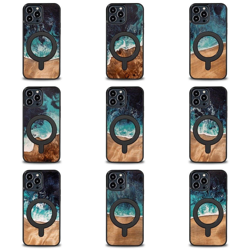 Holzhülle für iPhone 13 Pro Max, Bewood Unique Dream Island für MagSafe, Blau-Braun