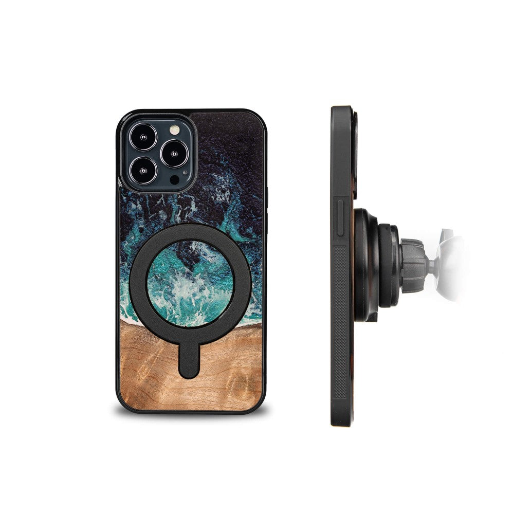Holzhülle für iPhone 13 Pro Max, Bewood Unique Dream Island für MagSafe, Blau-Braun