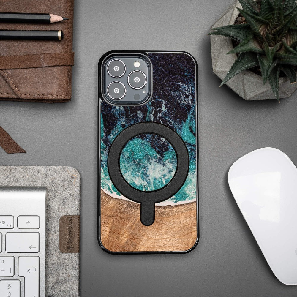 Holzhülle für iPhone 13 Pro Max, Bewood Unique Dream Island für MagSafe, Blau-Braun