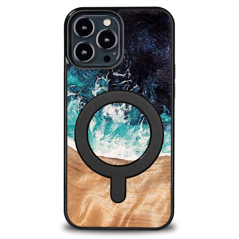 Holzhülle für iPhone 13 Pro Max, Bewood Unique Dream Island für MagSafe, Blau-Braun