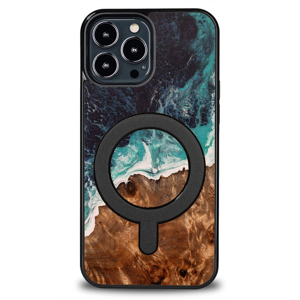 Holzhülle für iPhone 13 Pro Max, Bewood Unique Dream Island für MagSafe, Blau-Braun