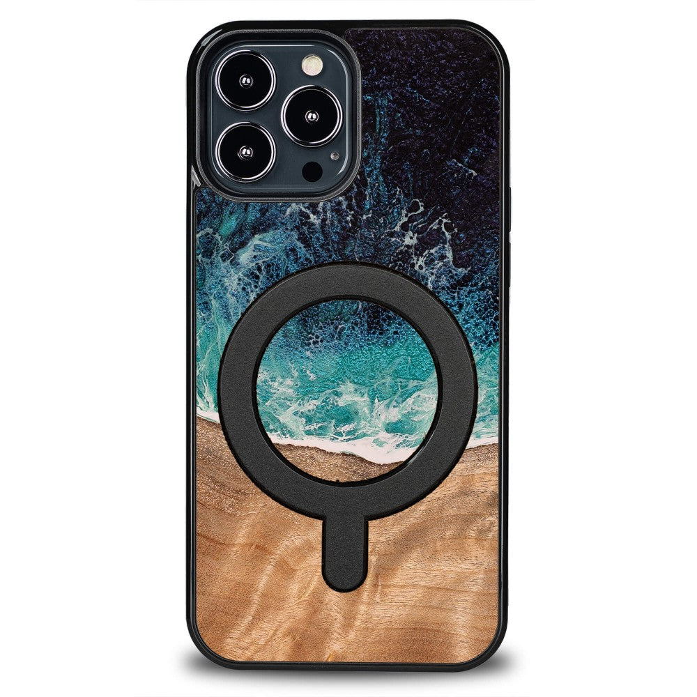 Holzhülle für iPhone 13 Pro Max, Bewood Unique Dream Island für MagSafe, Blau-Braun