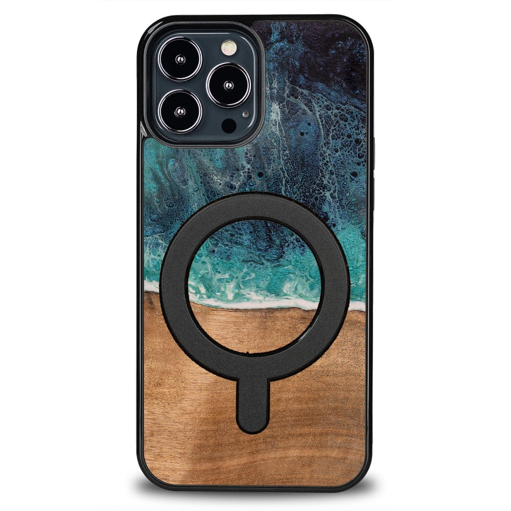 Holzhülle für iPhone 13 Pro Max, Bewood Unique Dream Island für MagSafe, Blau-Braun