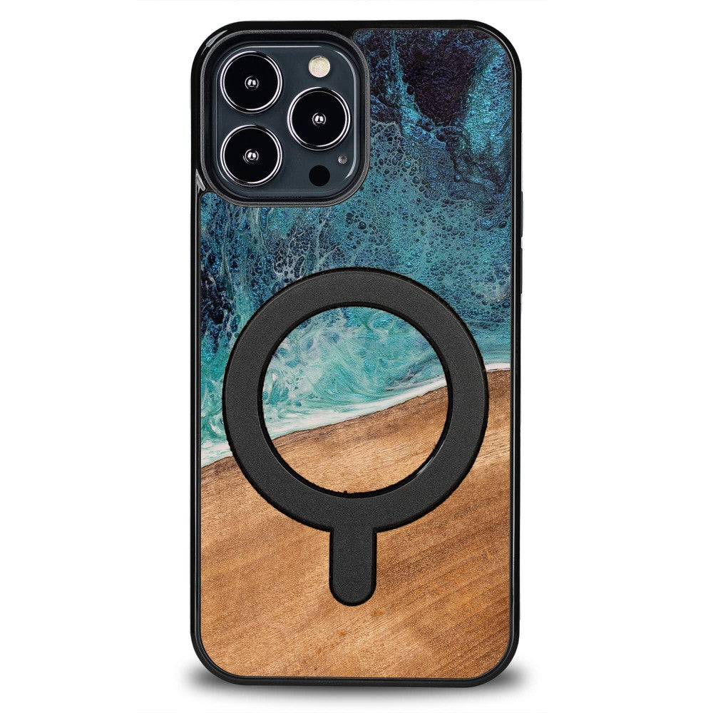 Holzhülle für iPhone 13 Pro Max, Bewood Unique Dream Island für MagSafe, Blau-Braun