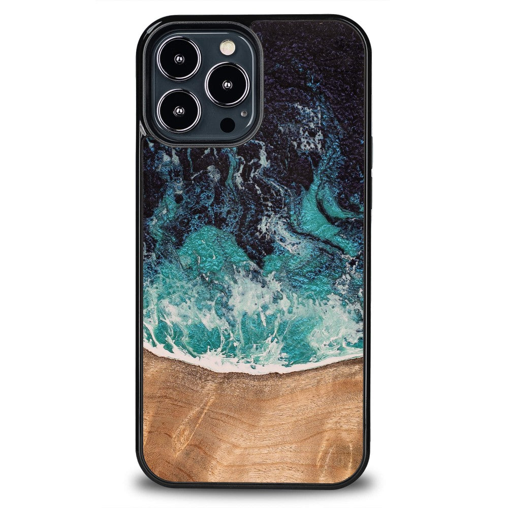 Holzhülle für iPhone 13 Pro Max, Bewood Unique Dream Island, Blau-Braun