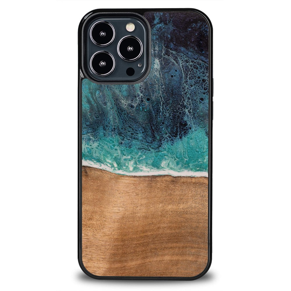 Holzhülle für iPhone 13 Pro Max, Bewood Unique Dream Island, Blau-Braun