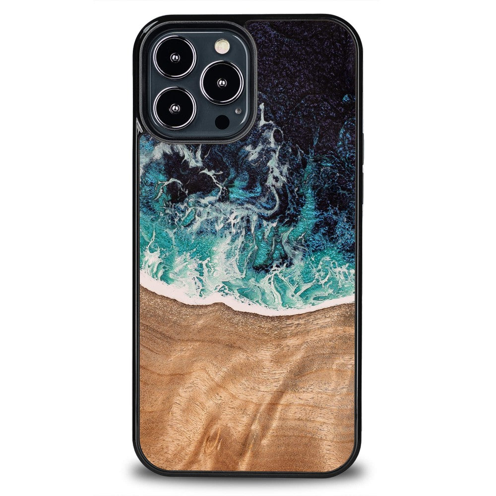 Holzhülle für iPhone 13 Pro Max, Bewood Unique Dream Island, Blau-Braun