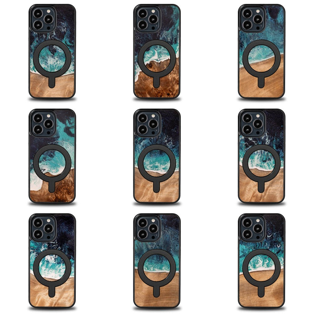 Holzhülle für iPhone 13 Pro, Bewood Unique Dream Island für MagSafe, Blau-Braun